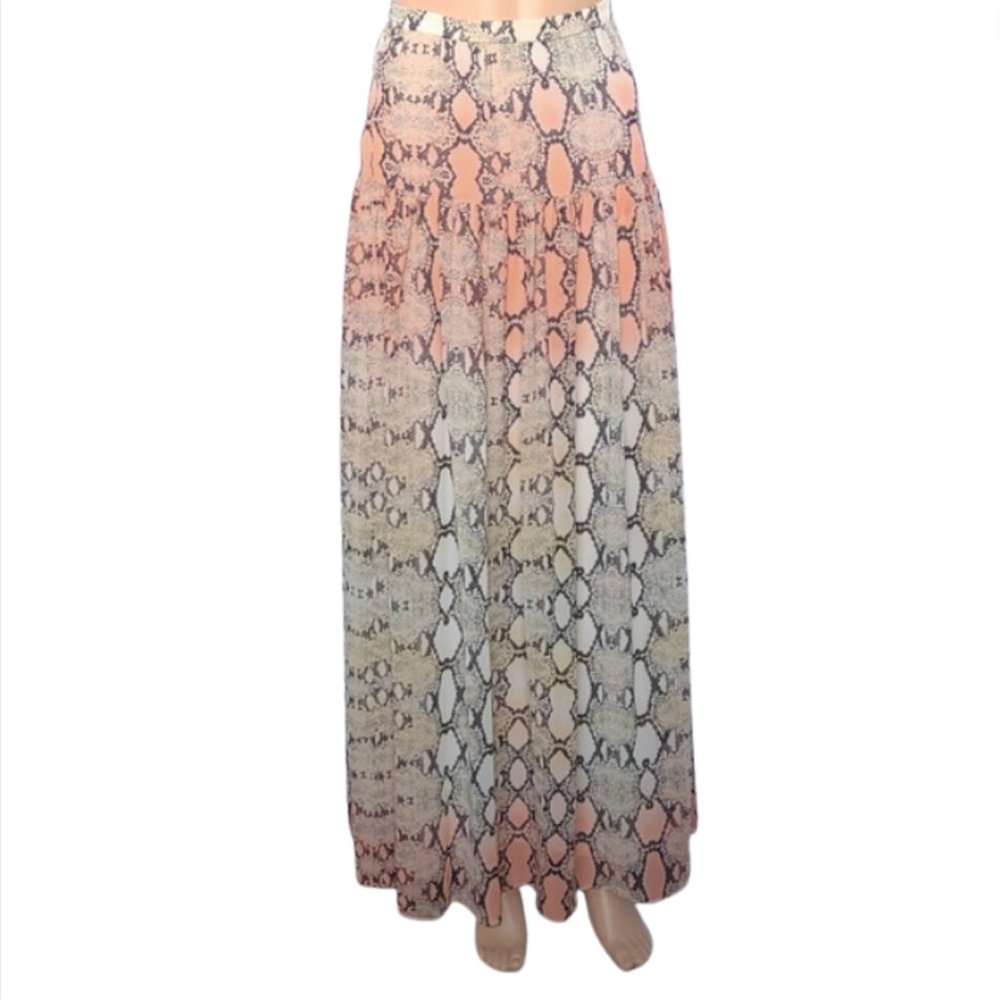 NWOT Boston Proper Long Chiffon Skirt with Peach Animal Print. Size 10 #H-0233